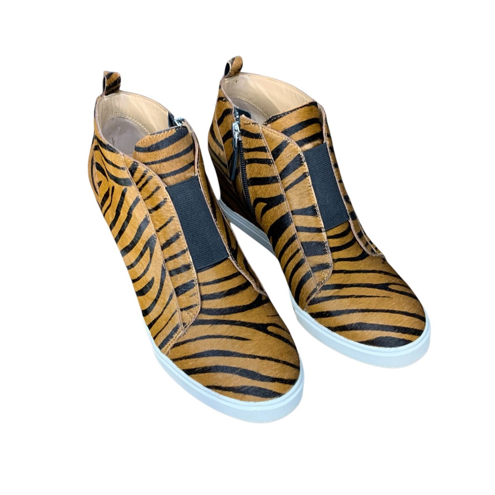 Linea Paolo Felicia Tiger Stripe Wedge Sneakers Side Zip Animal Print Size 8.5